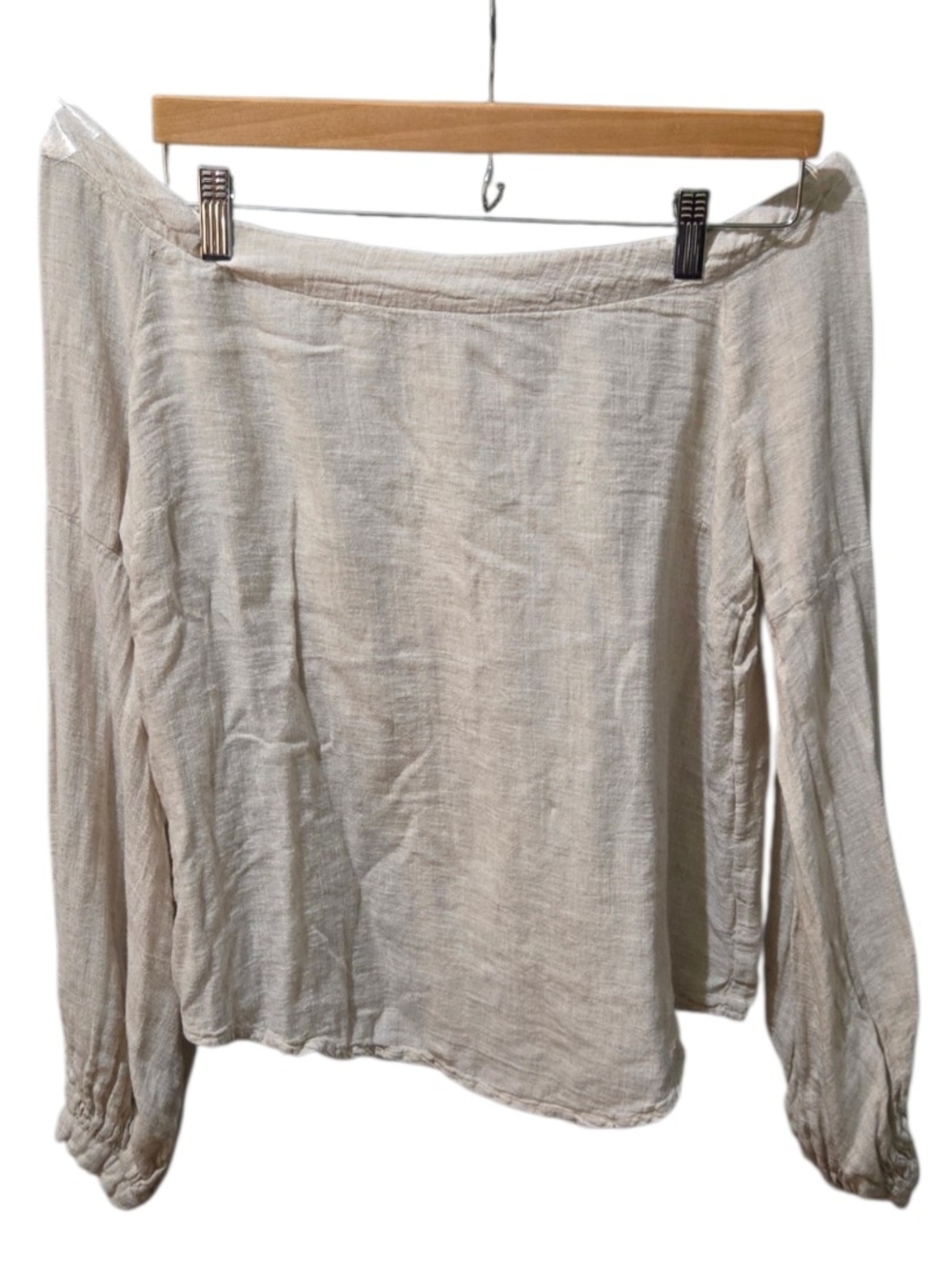 Laju Off Shoulder Linen Blend Peasant Top Beige Long Sleeve Women's Medium